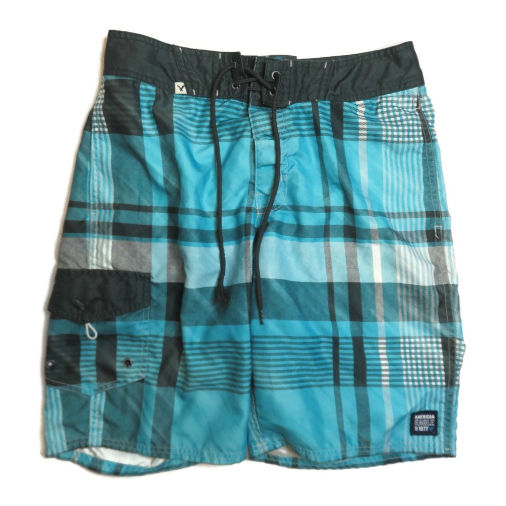 American Eagle Board Shorts Mens Small Blue Plaid Unlined